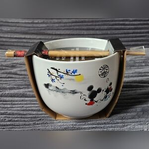 Disney Mickey Mouse Asian Style Print Ceramic Bowl with Chopsticks - NWT